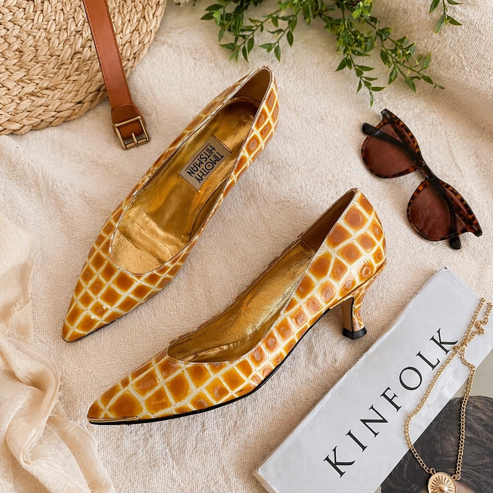 Timothy Hitsman Vintage Orange Grid Leather Kitten Heel Pumps Gold Trim 7.5 N